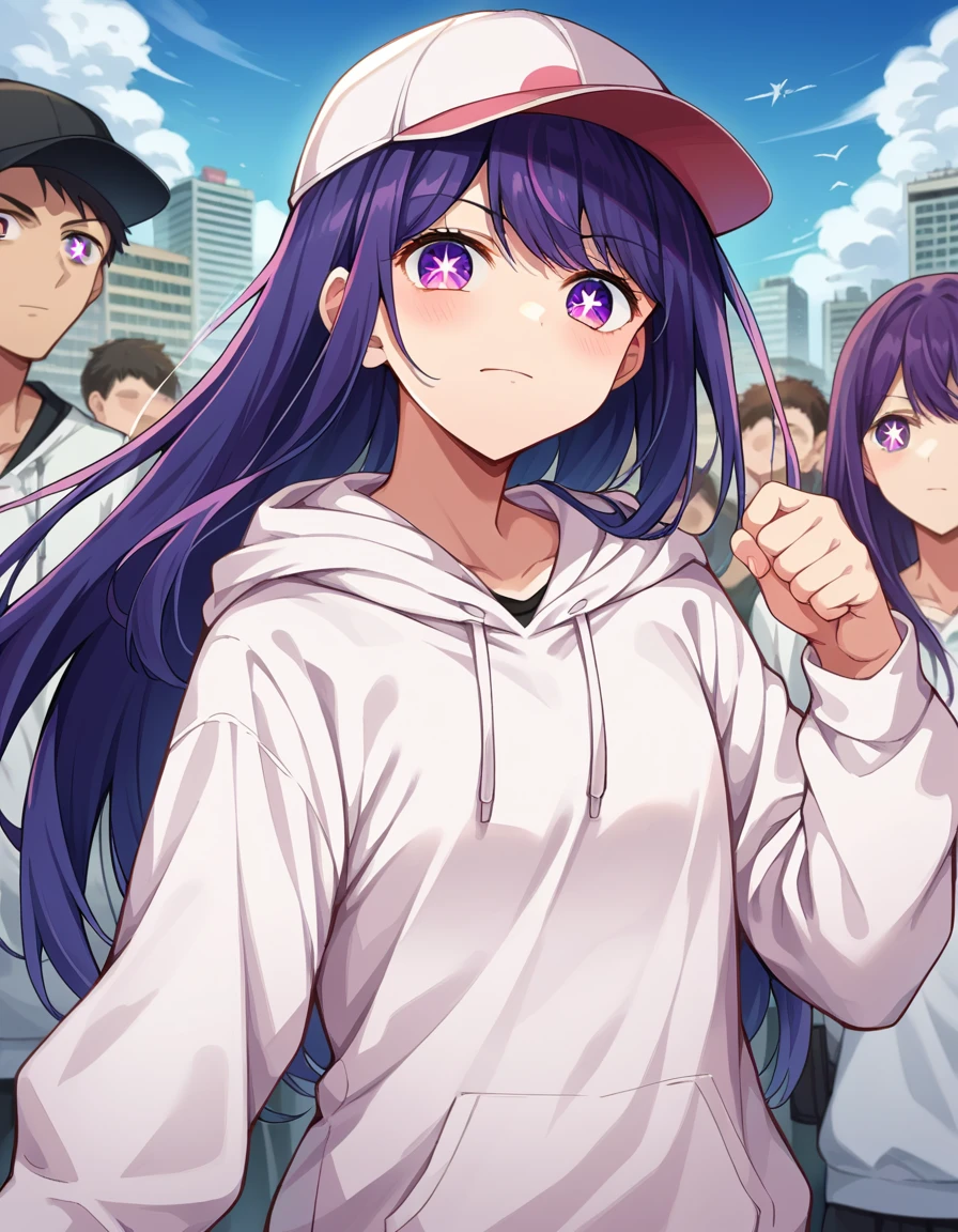score_9, score_8_up, score_7_up, source_anime,
aihoshino, <lora:ai-hoshino-ponyxl-lora-nochekaiser:1>,
ai hoshino, long hair, bangs, purple eyes, purple hair, symbol-shaped pupils,
hood, hoodie, hood down, long sleeves, white hoodie, hat, baseball cap,
outdoors, cityscape, people, crowd,
looking at viewer, cowboy shot, dutch angle, dynamic pose,