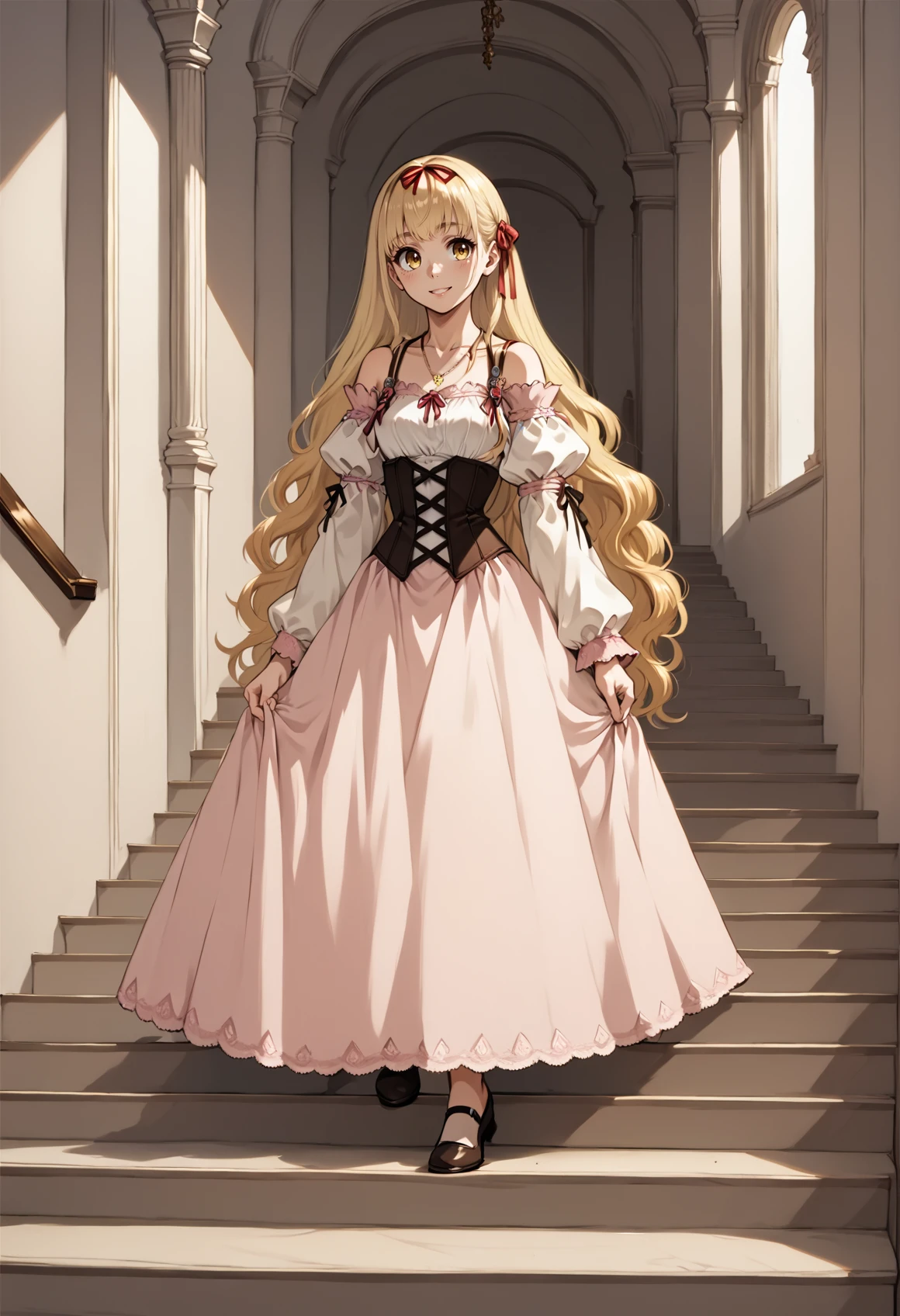 1girl, solo, smile, blonde hair, long hair, ribbon, yellow eyes, pink dress. corset, necklace, long sleeves, bare shoulders, full body. indoors, walking down the stairs, hand on hair, mansion <lora:Luserina_Barows_Suikoden_V:1>, score_9, score_8_up, score_7_up, score_6_up, score_5_up, score_4_up, BREAK source_anime, masterpiece