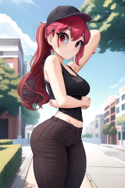 ((masterpiece,best quality)),best res,(medium breasts:1.3),good anatomy,cute,(sexy:1.3),very cute face,hot,blushing,female,smiling,very detailed,4k,happy,blushing,,smiling,standing,female,simple background.looking at viewer,sayman,love,black tank top,pants,,middle of a park,(hugging her son:1.3),from side,long hair,