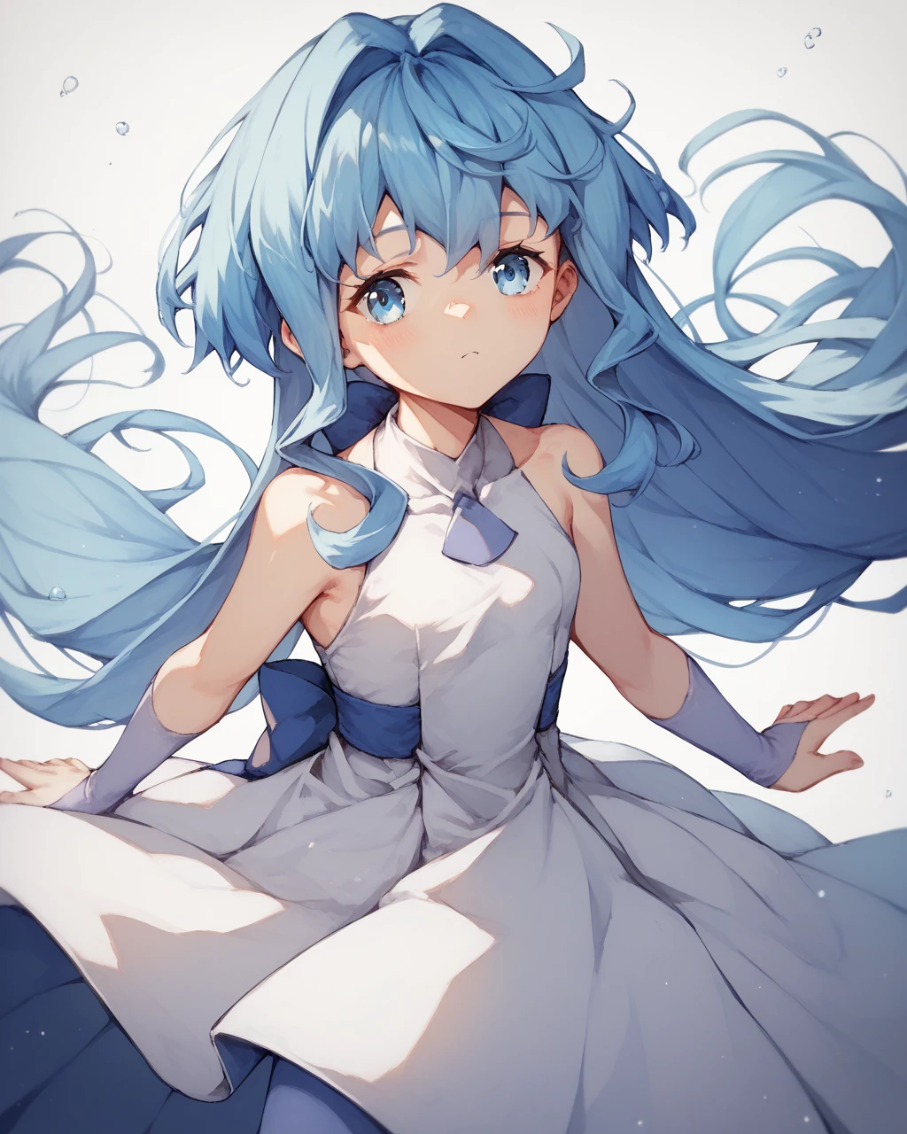 score_9, score_8_up, score_7_up,
<lora:ãµã©_PONY:1>,ãµã©,1girl, solo, blue eyes, blue hair,long hair,white dress, hair intakes, sleeveless dress,pantyhose,