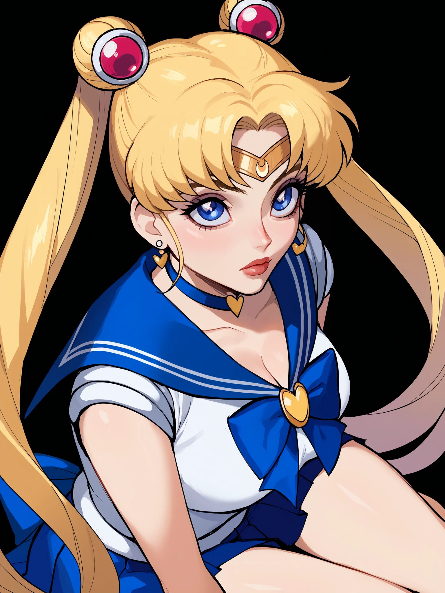 score_9, score_8_up, score_7_up, score_6_up, score_5_up, score_4_up,
BREAK
1girl, sailor moon, blonde hair, blue eyes, looking up,
BREAK
solo, sitting, from above, medium breasts,
BREAK
black background, <lora:Lunas-Ennuigrl-SDXL-A1:1>