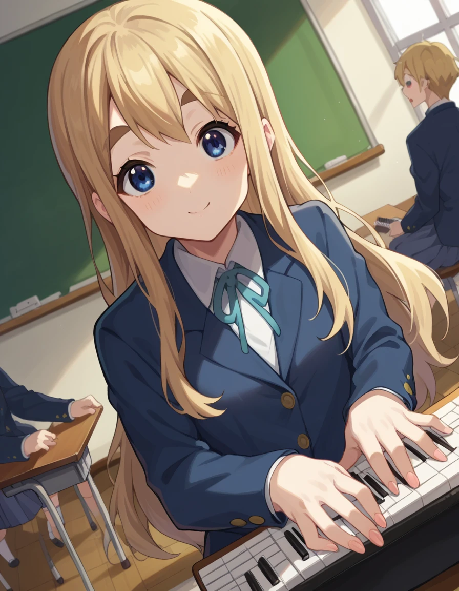 score_9, score_8_up, score_7_up, source_anime,
tsumugikotobuki, <lora:tsumugi-kotobuki-ponyxl-lora-nochekaiser:1>,
tsumugi kotobuki, long hair, blue eyes, blonde hair, thick eyebrows, smile,
sakuragaoka high school uniform, school uniform, uniform, blazer, shirt, white shirt, collared shirt, skirt, pleated skirt,
indoors, classroom, keyboard \(instrument\), instrument, playing instrument,
looking at viewer, cowboy shot, dutch angle, dynamic pose,