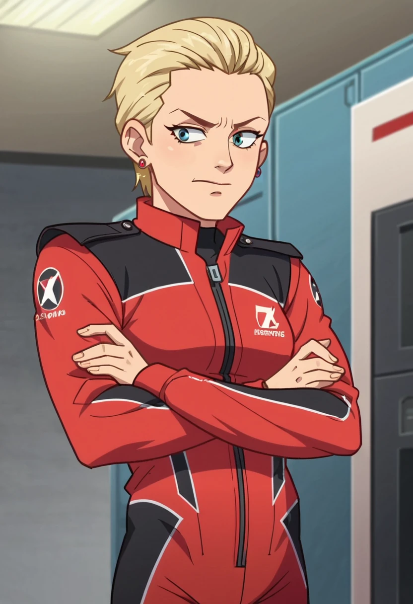 score_9,score_8_up,source_anime,anime screencap,1girl,sierraknox, <lora:SierraKnoxPony:0.67> ,solo,standing,crossed arms,uniform,jacket,pants,bodysuit,boots,red clothes,upper body,happy:d,small breasts,in garage,computers,earrings