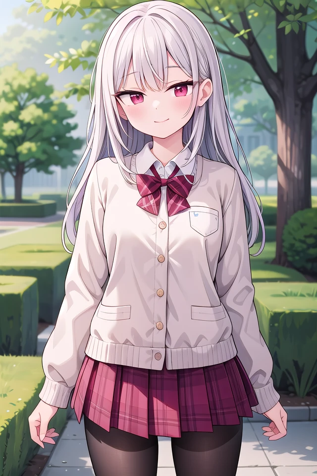 insanely detailed, absurdres, ultra-highres, ultra-detailed, best quality,
1girl, solo, nice hands, perfect hands
BREAK
(School Uniforms:1.2), (pink cardigan is fit body:1.4), ((do up a buttons, not loose):1.5), ((long sleeve, sleeves past wrists):1.2), (inner wear is white collared-shirt:1.3), (red plaid-pattern bow:1.3), (red plaid-pattern pleated skirt:1.3), ((dark-brown pantyhose, loafers):1.2)
, (cleavage:-1.5)
BREAK
happy smile, laugh, closed mouth
BREAK
(45 angle:-1.5), (from side:-1.5),
standing, cowboy shot, looking at viewer
BREAK
slender, kawaii, perfect symmetrical face, ultra cute girl, ultra cute face, ultra detailed eyes, ultra detailed hair, ultra cute, ultra beautiful
BREAK
in forest, depth of field, ultra detailed background
BREAK
medium large breasts
BREAK
(grey hair, red eyes), spiked hair,