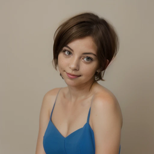 portrait, 1girl, smirk, wearing blue  dress, brown short hair, chubby, fit <lora:n1k3:1.0>