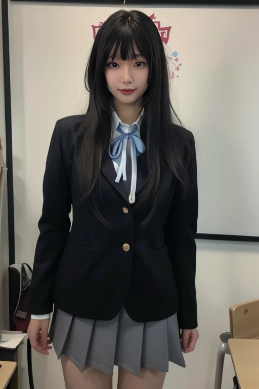 ltra-detailed,highly detailed,best quality,masterpiece,illustration,realistic,photorealistic,
mio akiyama, sakuragaoka high school uniform,
1girl, solo, cosplay,
very long hair, bangs,
looking at viewer, cowboy shot,
<lora:mio akiyama_v1_07:0.8>