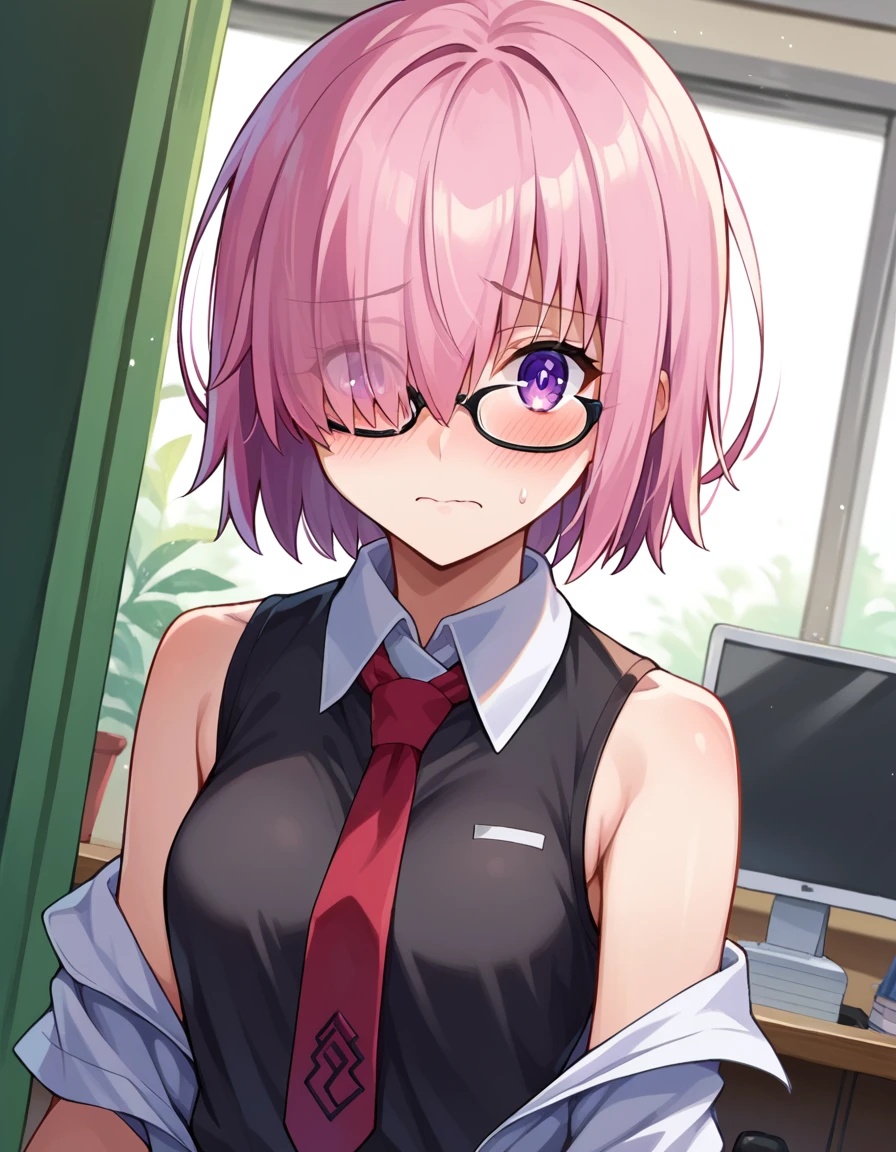 score_9, score_8_up, score_7_up, source_anime,
mashkyrielight, <lora:mash-kyrielight-ponyxl-lora-nochekaiser:1>,
mash kyrielight, short hair, purple eyes, pink hair, hair over one eye, embarrassed, blush,
glasses, hood, shirt, collared shirt, white collar, black shirt, necktie, red necktie, sleeveless, off shoulder,
indoors, office,
looking at viewer, cowboy shot, dutch angle, dynamic pose,