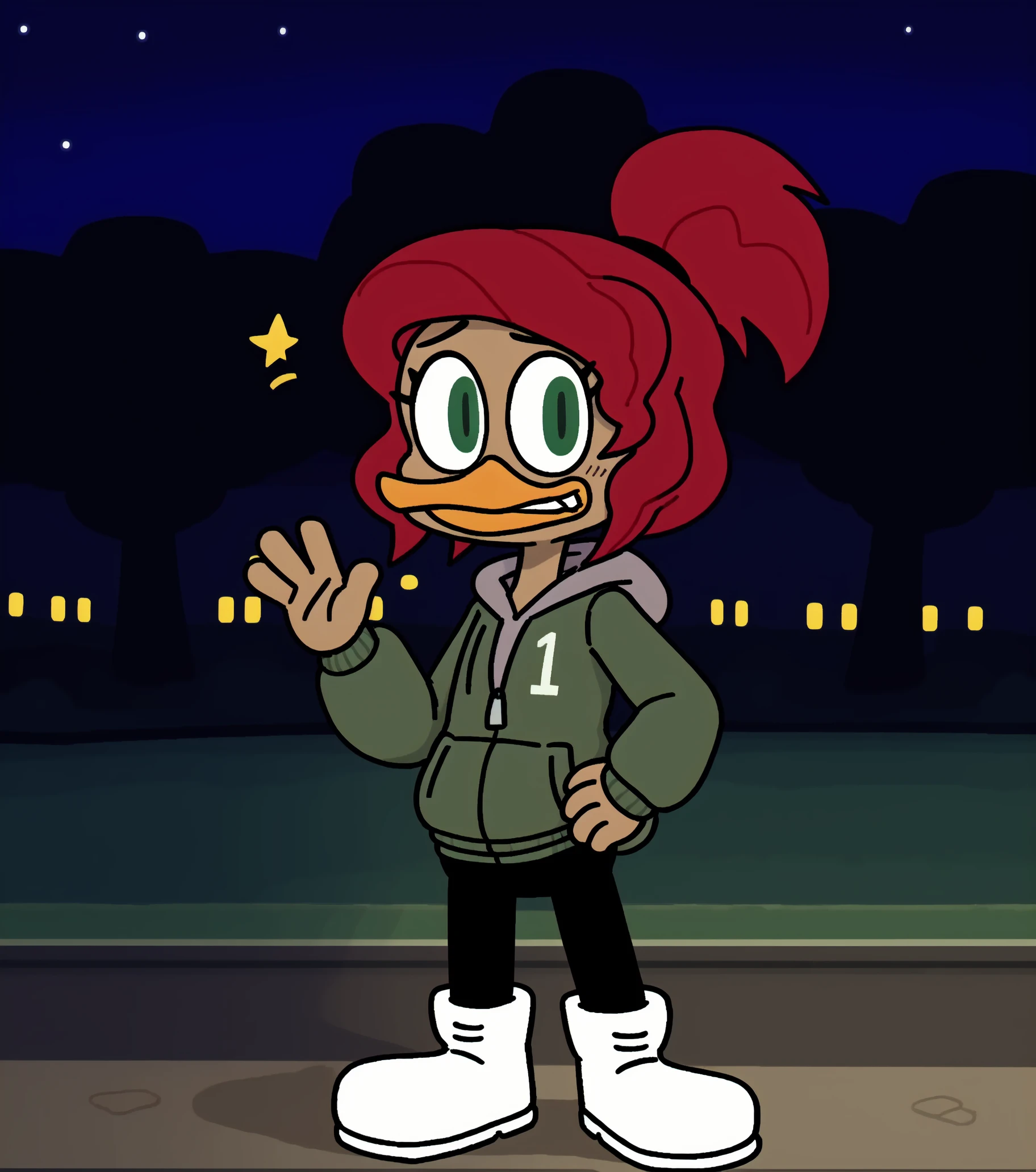 (by Drockdraw:1.2) (by chelodoy:1) (by ashraeli:1) (masterpiece, high quality, full-length portrait) (detailed background, outside, park, city, night, stars:1.3) BREAK gosalyn waddlemeyer, solo:1.2, (light brown skin:1.35), green eyes, ducktales, eyeliner, zipper, number on clothing (flat chested:1.2), close mouth, ( looking at viewer) (wide eyed, fist, clenched teeth:1.1) (nipples, pussy, white boots:1.3) (red hair, ponytail:1.2) (young, short:1.4) duck, beak, sad, shy, by bench, standing, back view, ass, spread ass, ass focus, ass zoom in, anus,