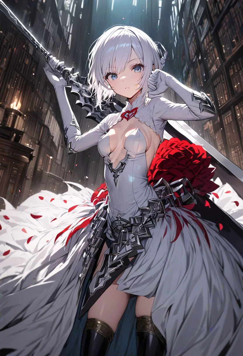 white eyes, white hair, short hair,  small breast, 
skirt,thighhighs, cleavage,weapon,flower,elbow gloves,white gloves, white dress, black boots,
looking at viewer,(holding a sword attack pose), at dark library, view dynamic angle, best quality ,masterpiece, high resolution, detailed,