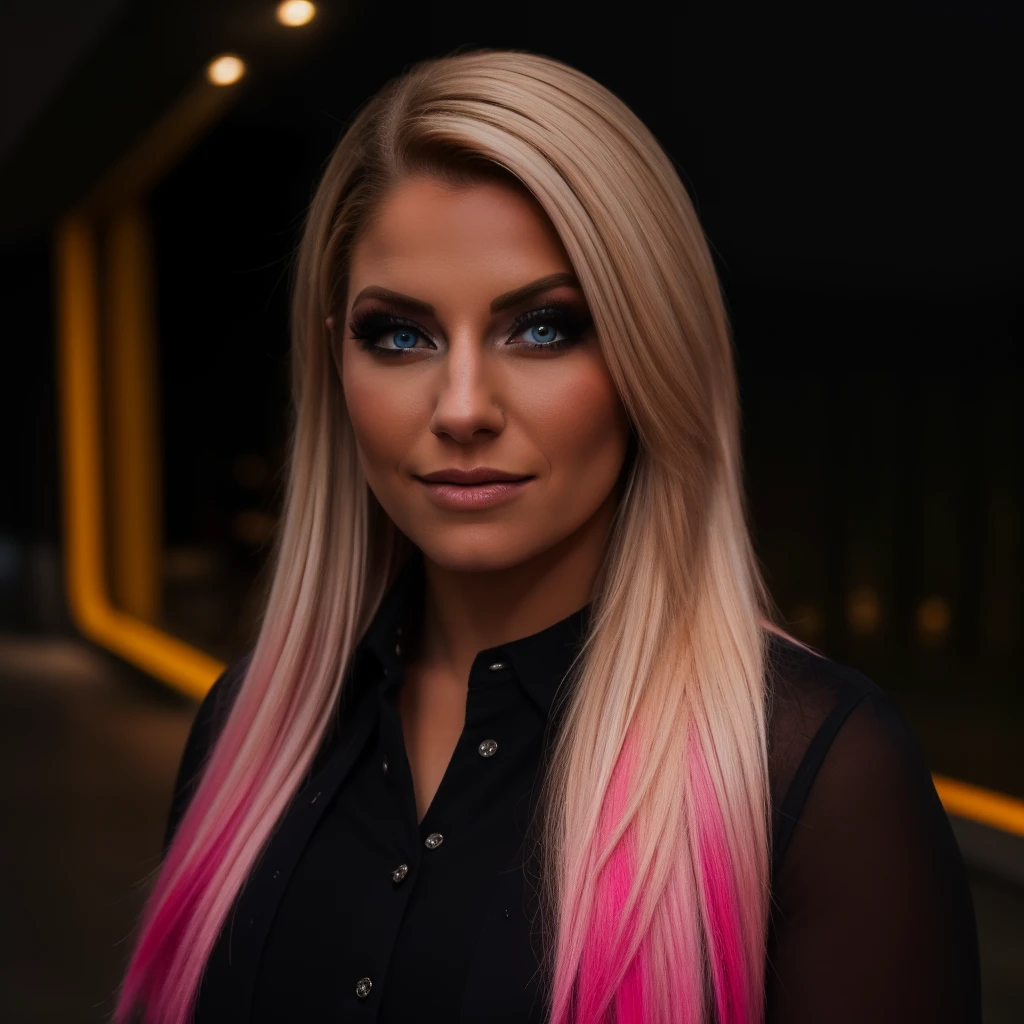 Best_QualityPos, RAW photo, intricate details, best quality, 8k uhd, soft lighting, 1girl, solo, alexa bliss, blue eyes, long hair, multicolored hair, pink hair, blonde hair, black collared shirt <lora:Alexa_Bliss:0.6> <lora:exposure_control_v10:-0.45>