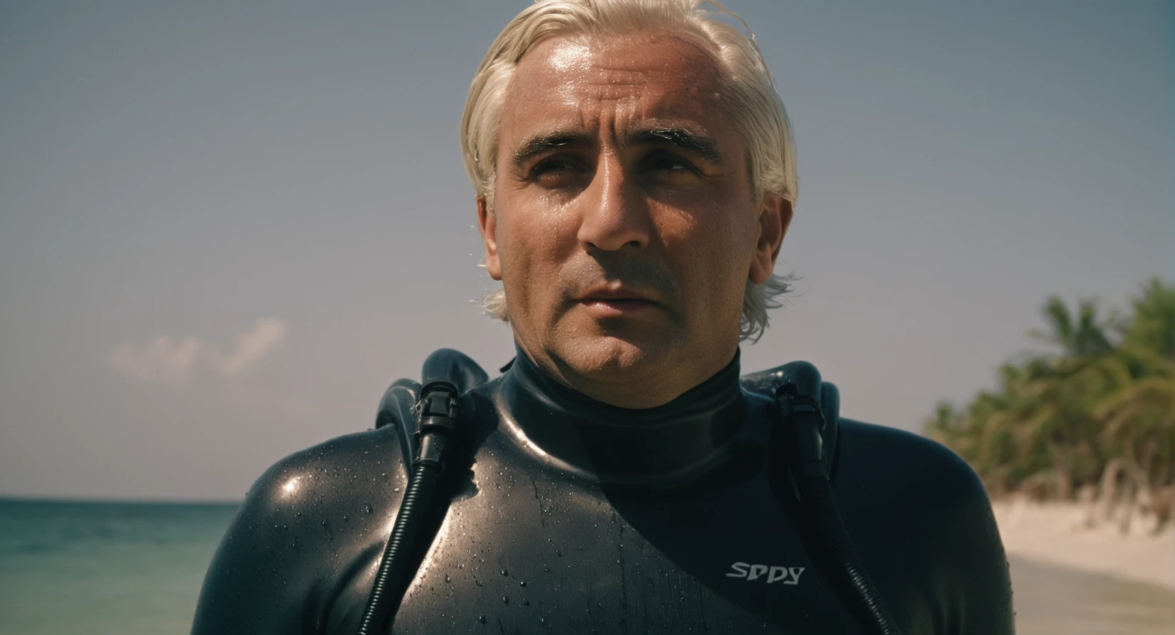 cinematic film still of <lora:James Bond 007 style:0.9> detailed sharp image of
Emilio Largo Adolfo Celi a man in a wet suit with a scuba suit on,solo,open mouth,1boy,white hair,male focus,mask,facial hair,realistic,old,old man , dramatic light, dramatic shadow light, contrast, cinematic color, cinematic look, filmic, realistic, realism, perfection, perfect, Kodak, Kodak film, movie still, spy film, action themed, espionage, James Bond style, James Bond film style, 007 style, 007 film style, shallow depth of field, vignette, highly detailed, high budget, bokeh, cinemascope, moody, epic, gorgeous, film grain, grainy