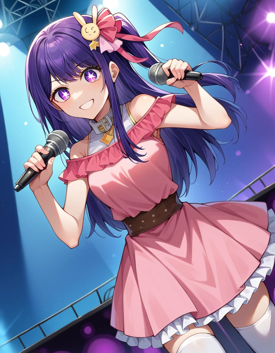 score_9, score_8_up, score_7_up, source_anime,
aihoshino, <lora:ai-hoshino-ponyxl-lora-nochekaiser:1>,
ai hoshino, long hair, bangs, purple eyes, purple hair, symbol-shaped pupils, smile,
one side up, hair ornament, hair ribbon, skirt, thighhighs, white thighhighs, zettai ryouiki, idol, dress, pink dress, sleeveless, pink skirt, frilled skirt, bare shoulders, collar, white collar,
indoors, stage, stage lights, concert, glowstick, idol, holding microphone, microphone, audience, singing, music,
looking at viewer, cowboy shot, dutch angle, dynamic pose,
