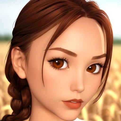 <lora:Vintage_Lara_Croft:1> 1 girl, solo, brown hair, braid, single braid, (brown eyes), wearing tank top, shorts, lips, looking at the viewer, close up ((portrait)), focus on face, blurred background, corn maze