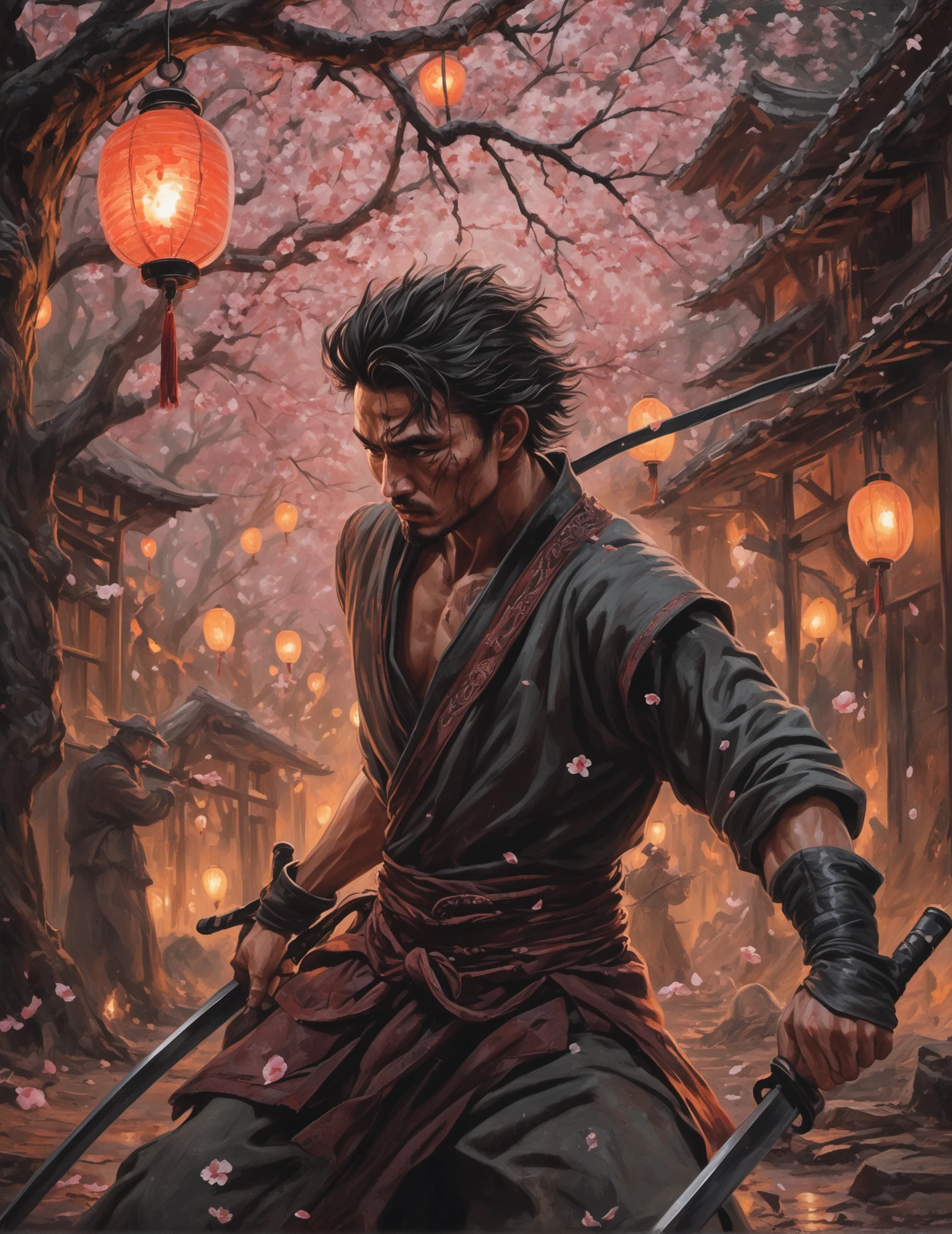 Close-up acrylic painting, (Fatal blow:1.3), Traditional scene composition, Severed head, Spurting lifeblood, (Focused warrior gaze:1.2), Rustic katana blade, Vicious duel atmosphere, Vintage cultural elements, Cherry blossom petals fluttering, (Dimly lit lanterns:1.2), Detailed strokes, Authentic hues, Historical intensity