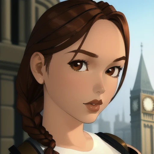 <lora:Vintage_Lara_Croft:1> 1 girl, solo, brown hair, braid, single braid, (brown eyes), wearing tank top, shorts, lips, looking at the viewer, close up ((portrait)), focus on face, blurred background, clock tower, diving suit