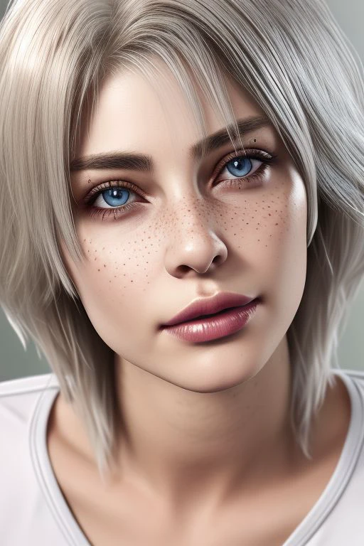 solo, from front, 1girl, (((close-up view))), Danni, White hair, wolf cut, freckles, (((feminine face))), lips, white t-shirt, (((skinny)))