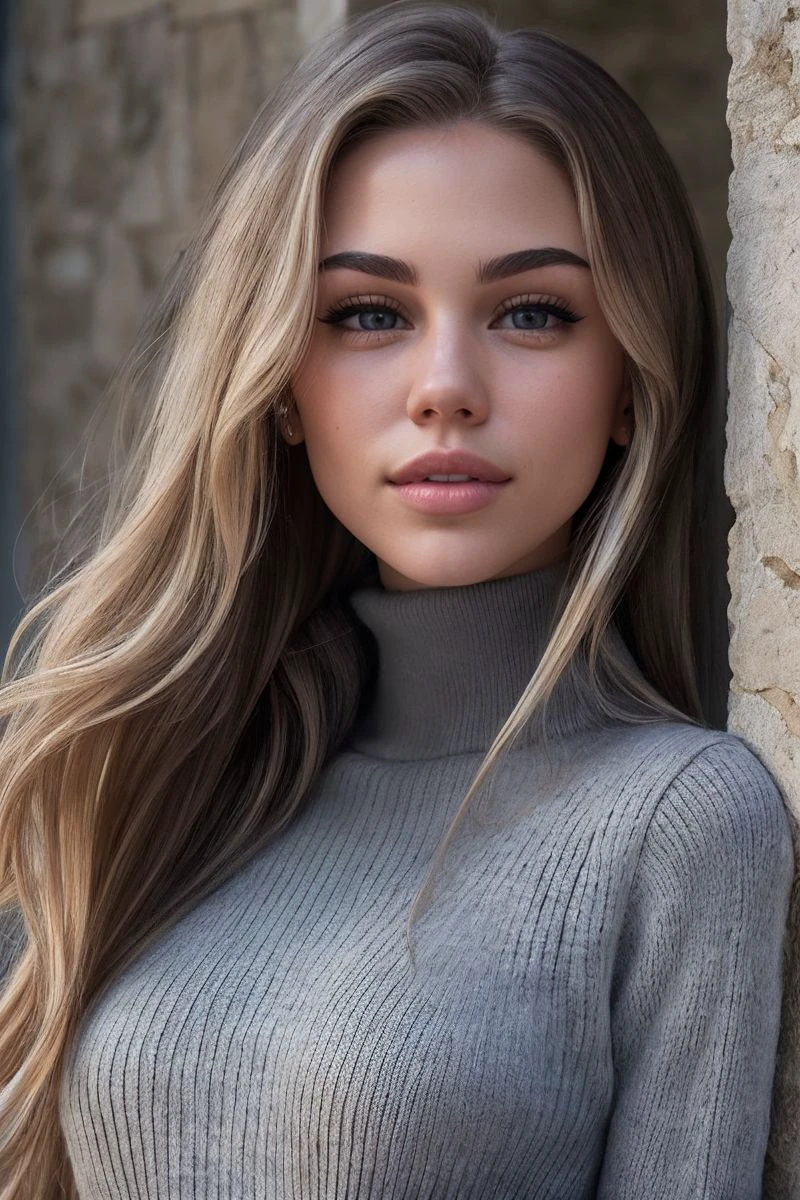 closeup headshot of S356_ScarlettLeithold,an attractive woman,in front of a (broken-wall:1.1),wearing a (turtleneck:1.1),(smiling),(4k, RAW photo, best quality, 24mm, depth of field, ultra high res:1.1),(absurdres, intricate, photorealistic, cinematic-shot, masterpiece, ultra-detailed:1.1),