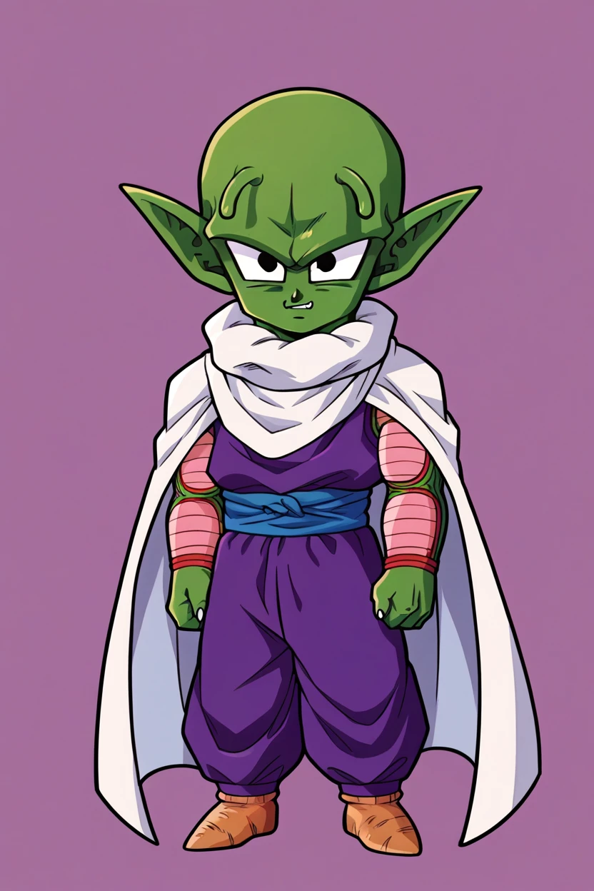 score_9, score_8_up, score_7_up, score_6_up, high quality, masterpiece,cute,chibi,full body, 8k, highres, detailed, piccolo, 1boy, male focus, solo, green skin, pointy ears, black eyes, oni horns, purple dougi, purple pants,white cape, blue sash, pink patches,simple background, sharp fingernails, <lora:Piccolo_v0_9:1>