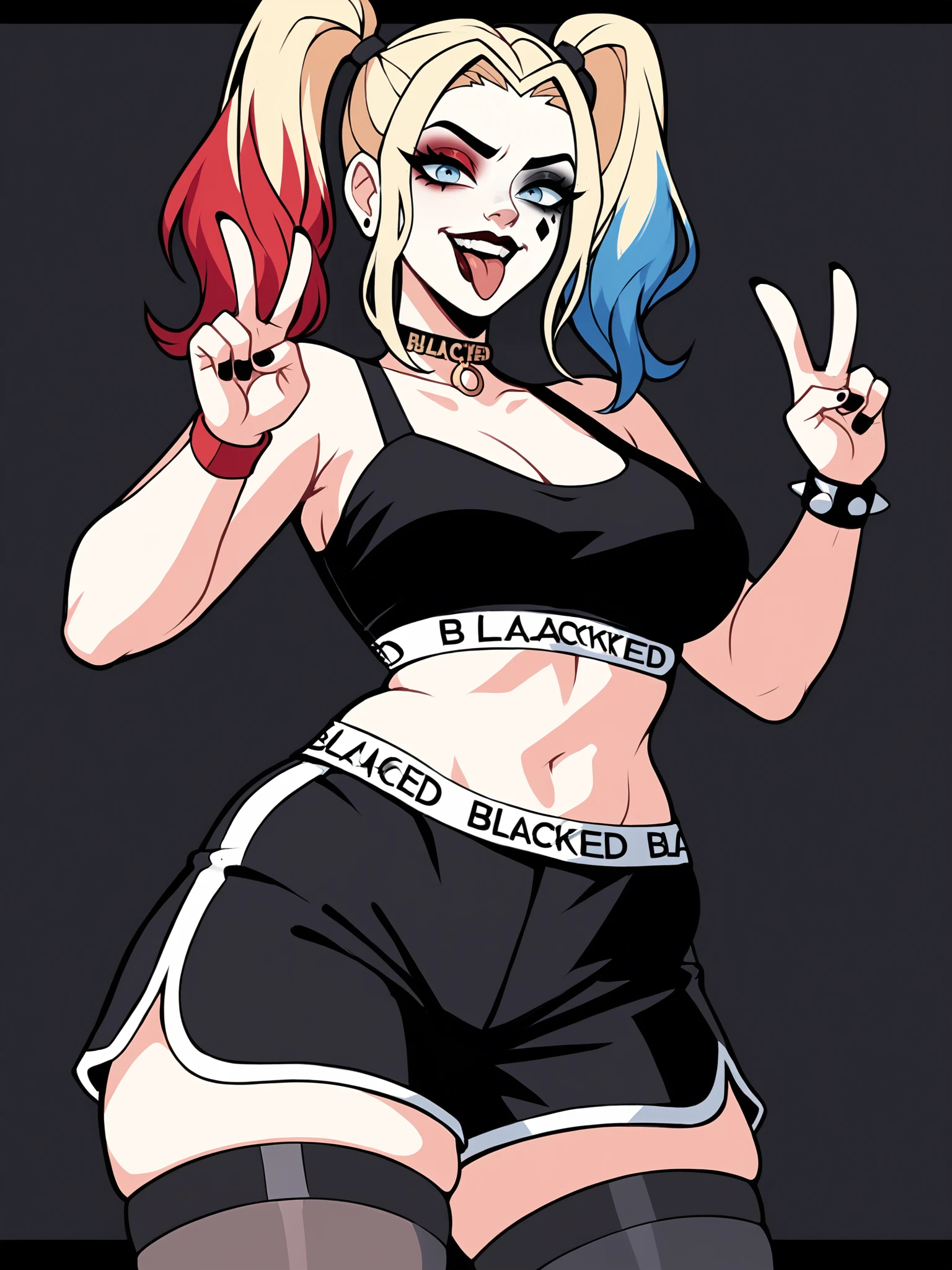 score_9, score_8_up, score_7_up, score_6_up, score_5_up, score_4_up,
BREAK
1girl, harley quinn, blonde hair, twintails, light blue eyes, eyeshadow, long eyelashes, tongue out,
BREAK
solo, black shorts, crop top, two-tone shirt, double peace, plump, thick thighs,
BREAK
black background, simple background, blacked, blackedwear, <lora:Lunas-Blackedwear-Concept-SDXL-A2-000014:1>