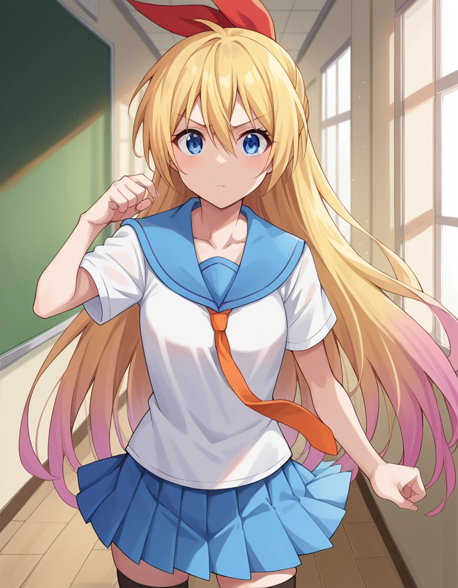 masterpiece, high quality, houshouBikini, highres, absurdres, ultra-detailed, detailed eyes, 8k, ti-emb_kobo-kanaeru, 1girl, colorful eyes, fangs, open mouth, bangs, colorful background, looking at viewer, vibrant, contrast, gradient hair, happy, graffiti wall background, water splash, close up,(masterpiece:1.6, best quality), (finely detailed beautiful eyes: 1.2), phyami, yamisch, 1girl, long hair, solo, school uniform, hair ornament, hair between eyes, two side up, blonde hair, very long hair, skirt, red eyes, thigh strap, sweater vest, plaid skirt, plaid, socks, two side up, hair ornament, pleated skirt, kneehighs, medium breast