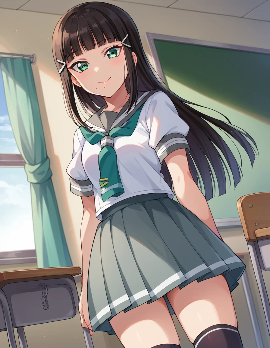 masterpiece,best quality, 1girl,solo,girls und panzer, reizei mako,small breasts, white hairband, ooarai school uniform,white shirt,black handkerchief,green skirt, white panties, skirt lift, outdoors <lora:Reizei Mako:0.6>