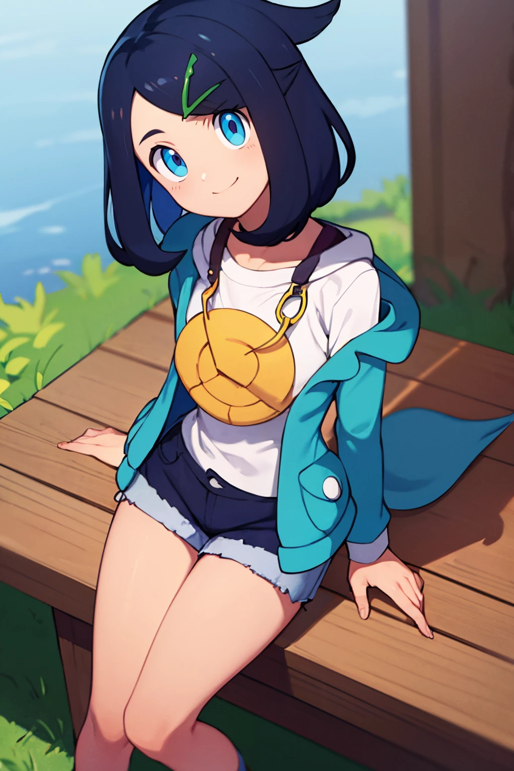 ((masterpiece,best quality)),  <lora:Liko_Pokemon_v2:0.8>,  liko (pokemon), blue hair, hair clip,  white shirt, hooded jacket, open jacket, denim shorts,  smile, looking at viewer,  sitting, head tilt, from above,  <lora:Bold_CAT:0.5>,