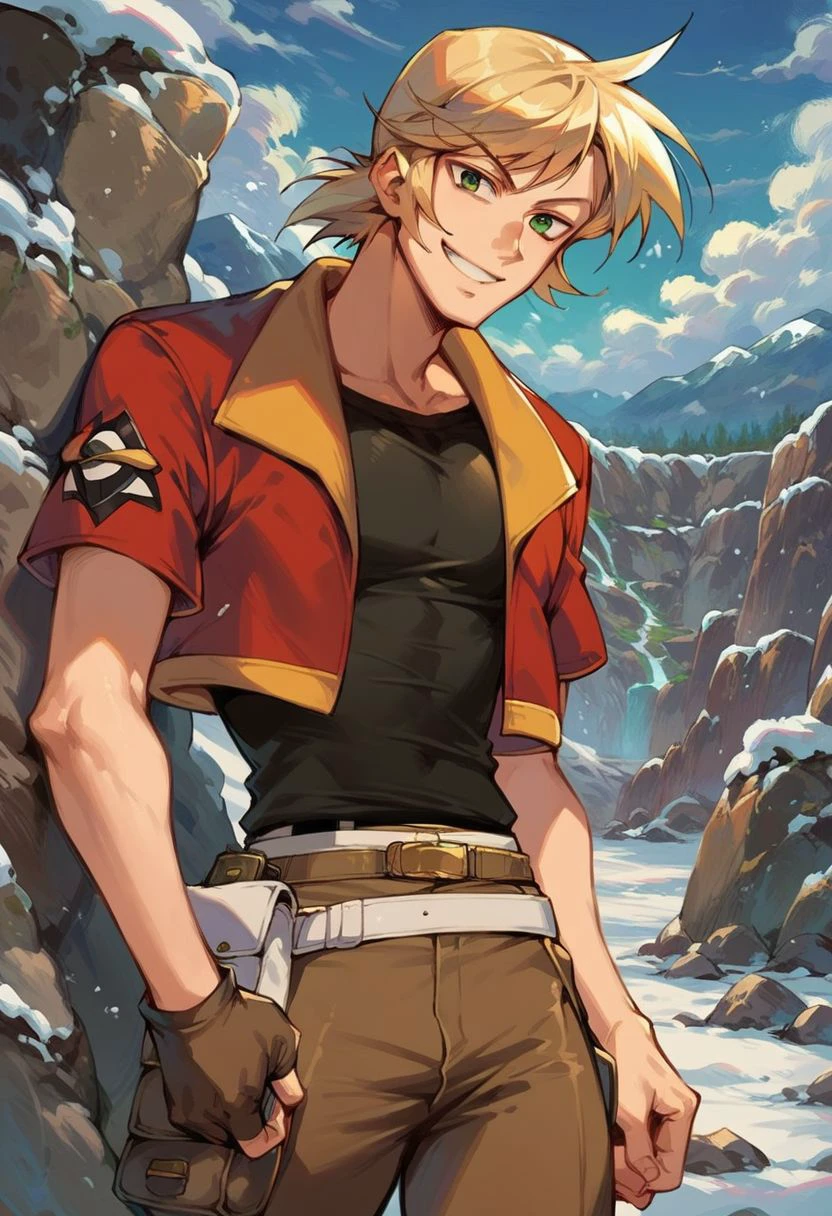 (score_9, score_8_up:1.1), score_7_up, 1boy, solo, blonde hair, green eyes, red jacket, black shirt, brown pants, white little belt pouch, peak, rocks, snow, smile, nori