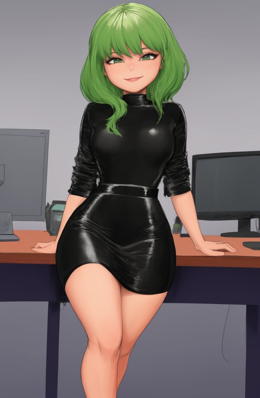 @cerealkllr4586,cerealkllr4586 \(Artist\),Shane Ballard \(Artist\), masterpiece, best quality, 1girl, waist up, green eyes, smile, lips, green hair, closed mouth, looking at viewer, wide hips, wearing black leather shirt and leather black skirt, background: newyork office, cubicles, desks, computers, cealing lights, solo,<lora:cerealkllr4586 | Shane Ballard Style:1>
