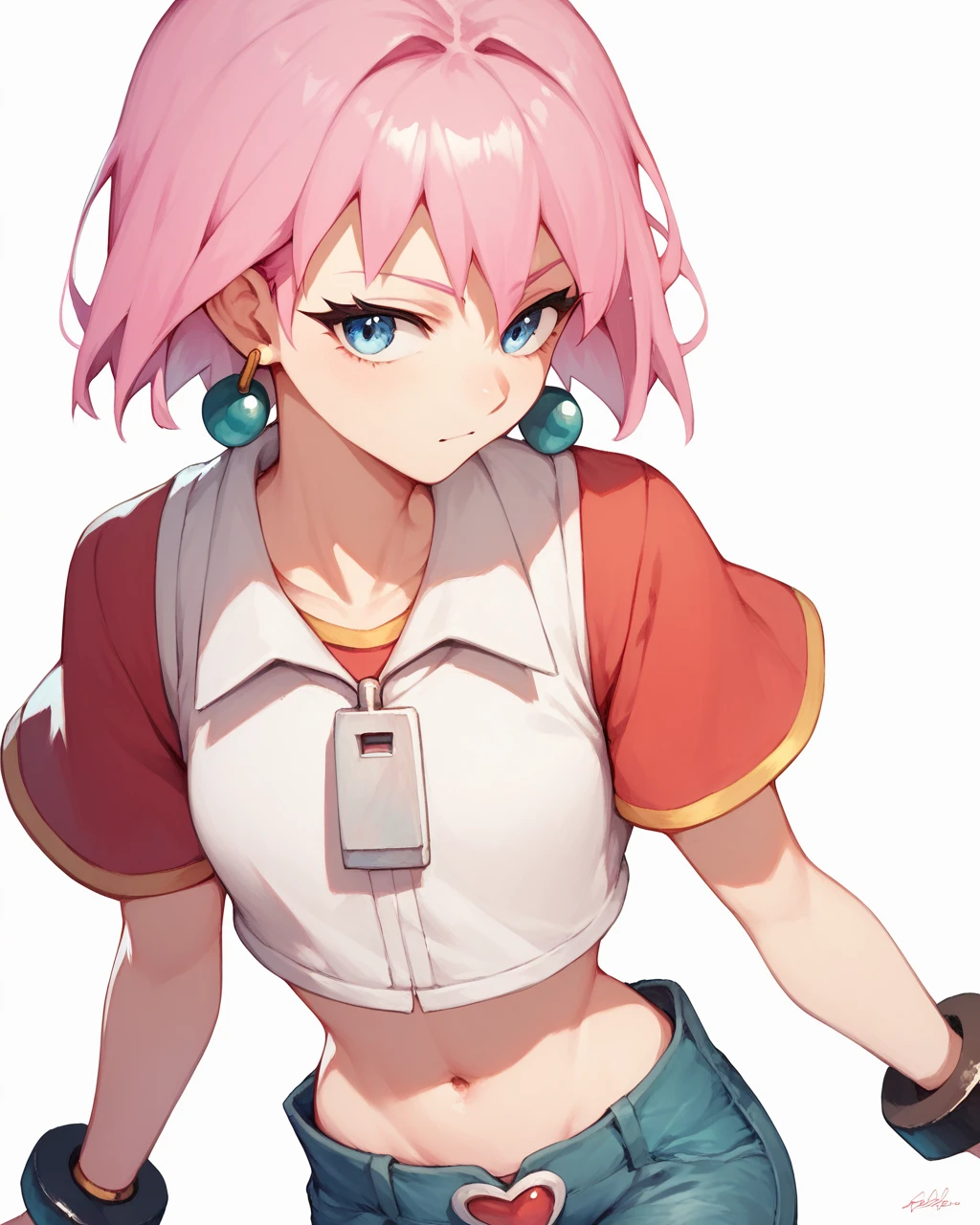 score_9, score_8_up, score_7_up,
<lora:Beauty_PONY:1>,beauty,1girl,solo,short hair, blue eyes,pink hair, navel,earrings, bracelet, crop top, jeans,