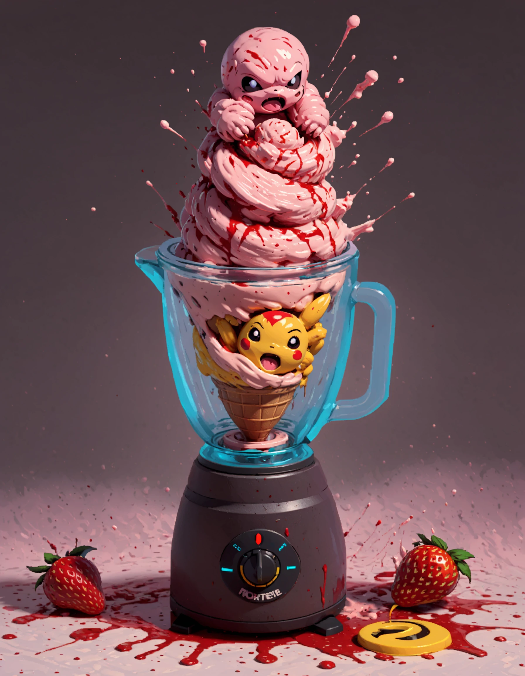 Liquified Carbuncle, pokémon creature stuck in food processor, blending Squirtle, perfectly rendered ice cream situation with blender turned on to max, strawberry, banana, peaches, water splashes, liquid splatter, ink splotches, ultra sharp, masterpiece, official art, horror scene, liminal space, liminal horror, kawaii but terrorizing, shigure ui style wadadadang, panic, cinematic lighting, cinematic angle, masterblender, best blender, RIP crayon, looney tunes acme blender, <lora:CarbieBlenderXL:0.8>