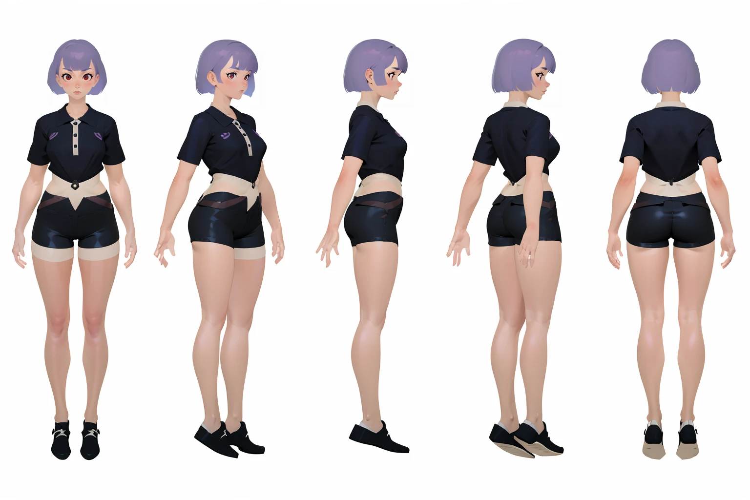 (GENERAL:0), highres, masterpiece, 1girl, solo, standing,
(VIEWS:0), charturnerv2:0.5, full body character turnaround of 1lady,
Multiple views of the same character in the same outfit, <lora:charturnerbetaLora:0.2>, (simple background, white background:1.3), multiple views, side view, back view, front view,
<lora:游æè§è²ç«ç»ï¼äºæ¬¡å
ï¼_v1.0:.2>
Multi-view, rear view, concept art, character painting, two-dimensional culture,
<lora:Triple viewV2:0.2>
<lora:noline:1>
<lora:CSCharTurn_v3:.38>
1girl, black footwear,
<lora:spiderverse_style_offset:.1>
<lora:botw_style_offset:.1>
<lora:cyberpunk_edgerunners_offset:.1>
<lora:arcane_offset:.1>
<lora:clothTurn_v1:.5>
white short hair, red eyes,
short hair, blunt bangs, bob cut,
Broad-shouldered,
Afro-Latino,
fairy Skin,
polo shirt with shorts and sneakers.
(purple theme character design:1.1), <lora:CSBodyTurn_v3:.5>