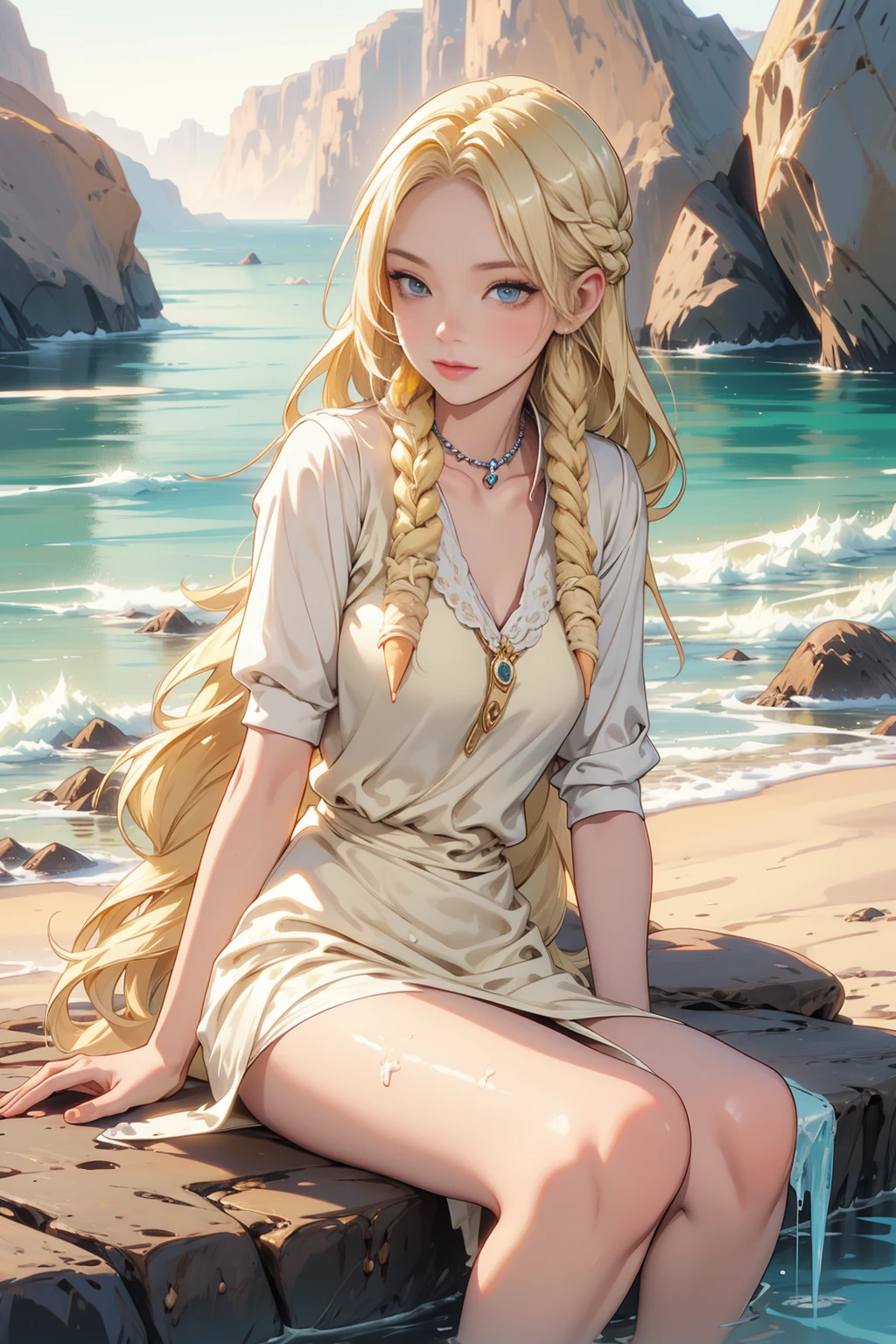 <lora:IceCreamChocoWorld:1> (IceCreamChocoWorld:0.9) 1woman (long blonde hair:1.2)(sitting near a rock watching the sea:1.1)