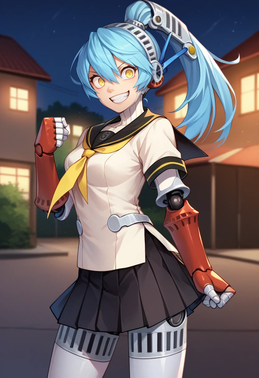 score_9, score_8_up, score_7_up, source_anime, solo, 1girl, p4labrys, android, robot joints, crazy smile, looking at viewer, standing, clenched fist, blue hair, ponytail, yellow eyes, headphones, serafuku, white shirt, yellow neckerchief, short sleeves, pleated skirt, houndstooth, night, outdoors <lora:persona4_labrys_ponyXL:1>
