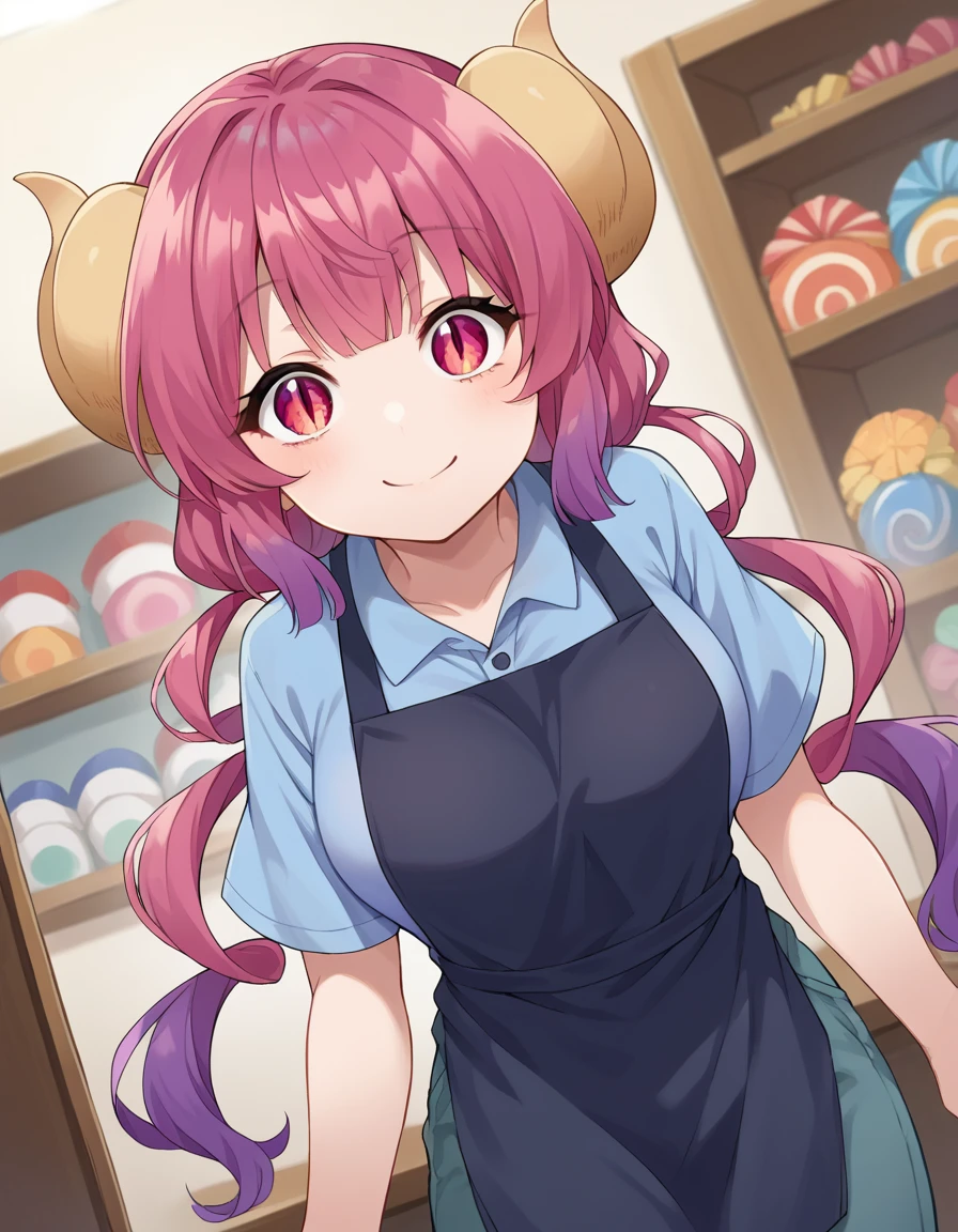 score_9, score_8_up, score_7_up, source_anime,
dragonilulu, <lora:dragon-ilulu-ponyxl-lora-nochekaiser:1>,
ilulu, curled horns, horns, long hair, multicolored hair, purple hair, red eyes, red hair, slit pupils, smile,
shirt, short sleeves, apron, blue shirt, black apron, pants,
indoors, candy, candy store,
looking at viewer, cowboy shot, dutch angle,