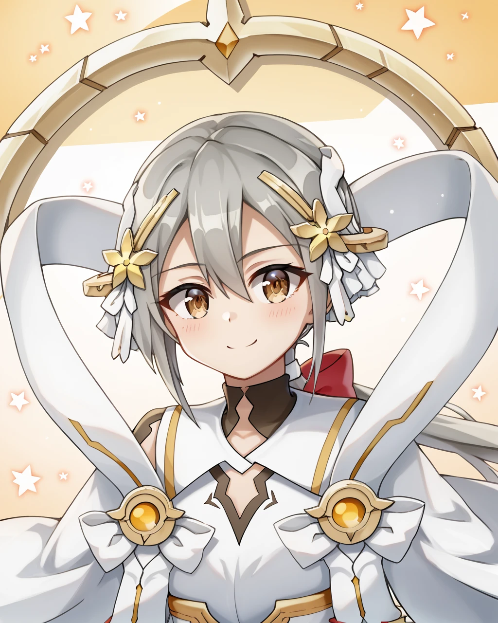 score_9, score_8_up, score_7_up,(extremely detailed CG unity 8k wallpaper),(masterpiece),(best quality),(ultra-detailed),(best illustration),(best shadow),(absurdres),
<lora:Minowa_gin_Mankai_PONY:1>,minowa gin, 1girl, solo, long hair, brown eyes, grey hair, ponytail, hair ornament, hair between eyes, detached sleeves,wide sleeves,long sleeves,white dress,magical girl,smile,upper body