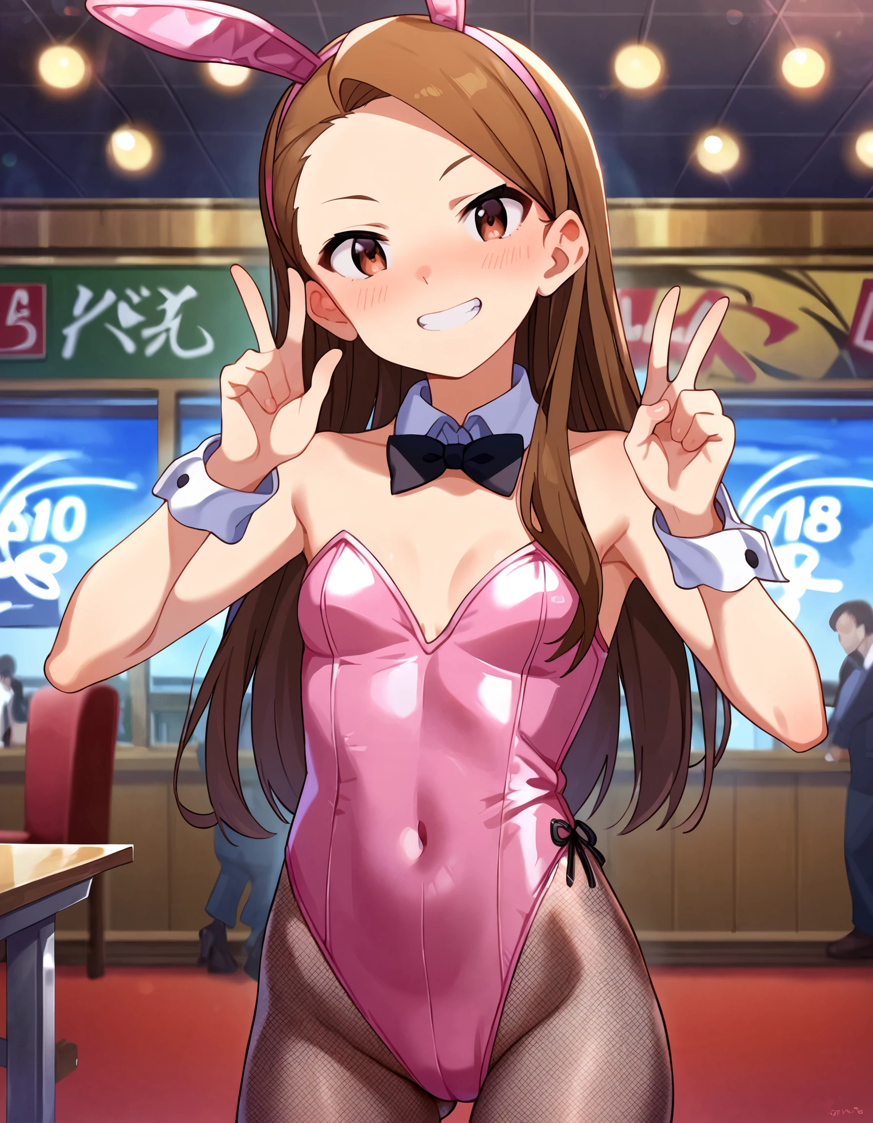 cinematic photo, 
score_9, score_8_up, score_7_up, source_anime,
<lora:MinaseIori_pony_v1:0.8>
pinup of 1girl, solo, cowboy shot, pov, indoors, convention, signboard, booth, people, 
cheerfully posing, nose blush, grin, looking at viewer, V,
mnsior, petite, longhair, brown hair, forehead,  brown eyes, hairband, small breasts, 
pink leotard, glossy leotard, playboy bunny, fake animal ears, fake tail, wrist cuffs, 
,
35mm photograph, film, bokeh, professional, 4k, highly detailed,