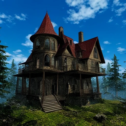 (rtrcgi:1.55), mysterious house in the woods, bright daylight, blue skies