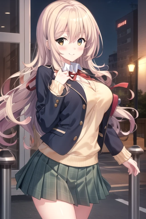 ((masterpiece)),(best quality),official art,extremely detailed CG,unity 8k wallpaper,ultra detailed,beautiful detailed eyes,extremely detailed face,outdoors,1girl,solo,cowboy shot,looking at viewer,facing viewer,smile,Enjou Minamo,long hair,long wavy blond hair,hair intakes,floating hair,hair between eyes,brown eyes,school uniform,blue jacket,wing collar,yellow sweater,collared shirt,white shirt,neck ribbon,red ribbon,long sleeves,large breasts,miniskirt,green skirt,plaid skirt,pleated skirt,white socks,loafers,<lora:Enjou Minamo(ls):0.8>,