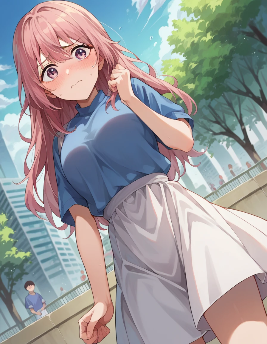 score_9, score_8_up, score_7_up, source_anime,
shinjuinui, <lora:shinju-inui-ponyxl-lora-nochekaiser:1>,
shinju inui, long hair, pink hair, pink eyes, embarrassed, blush,
skirt, shirt, short sleeves, white skirt, blue shirt,
outdoors, cityscape,
looking at viewer, cowboy shot, dutch angle, dynamic pose,