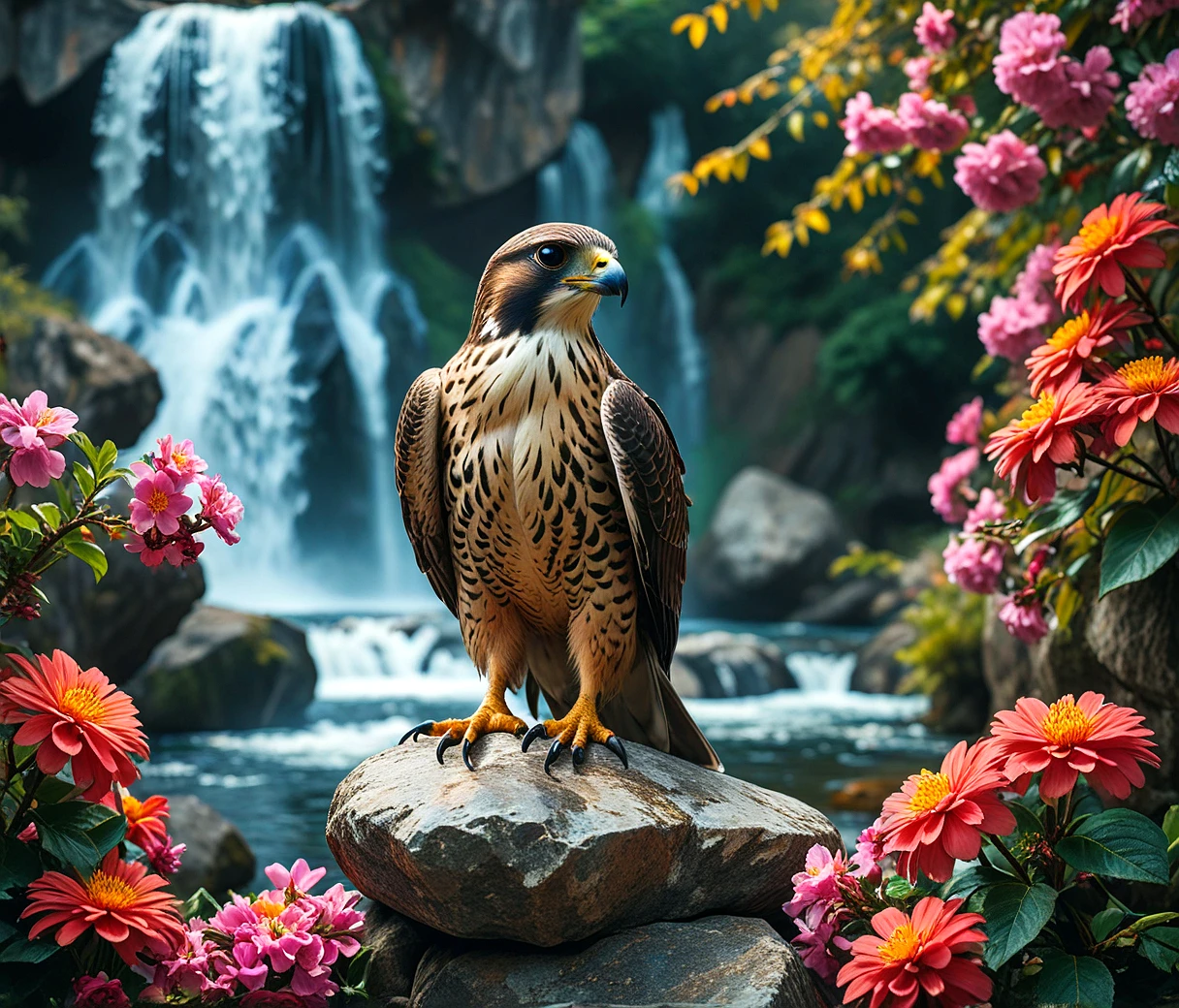 masterpiece, symmetrical, post processing, cinematic, a photograph of a falcon, standing on a large stone, Various beautiful flowers on the side, waterfall background