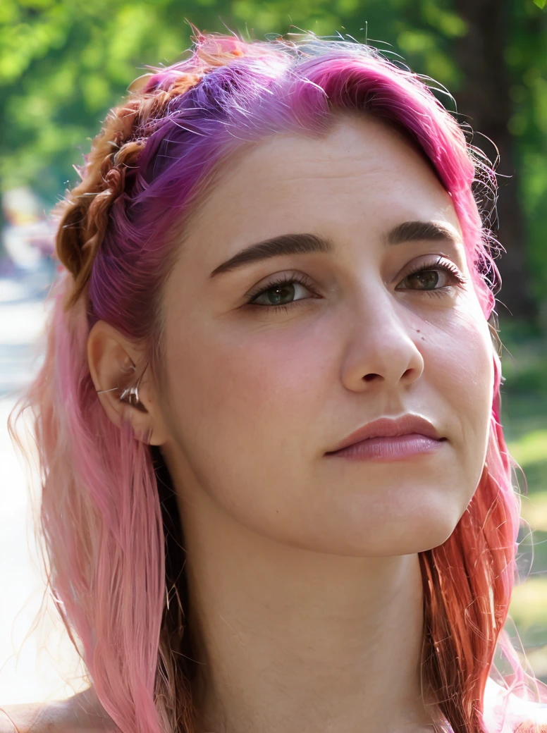 a picture of m4ria15, pink hair, realistic, photorealistic, detailed skin, surface scattering, bokeh, skin pores, <lora:m4ria15:1>looking at viewer,outdoors