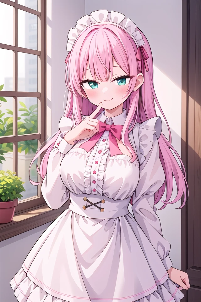 insanely detailed, absurdres, ultra-highres, ultra-detailed, best quality,
1girl, solo, nice hands, perfect hands,
BREAK
apron, blush, bow, bowtie, frilled apron, frills, long sleeves, maid, maid apron, maid headdress, waist apron, white apron
BREAK
smile, closed mouth
BREAK
finger to mouth, index finger raised, shushing, cowboy shot, looking at viewer,
BREAK
slender, kawaii, perfect symmetrical face, ultra cute girl, ultra cute face, ultra detailed eyes, ultra detailed hair, ultra cute, ultra beautiful,
BREAK
day, flower, ivy, leaf, indoors, open door, plant, potted plant, vines, window,
BREAK
white (pink:1.2) hair, green eyes, long hair, medium breasts, bangs, eyebrows visible through hair,