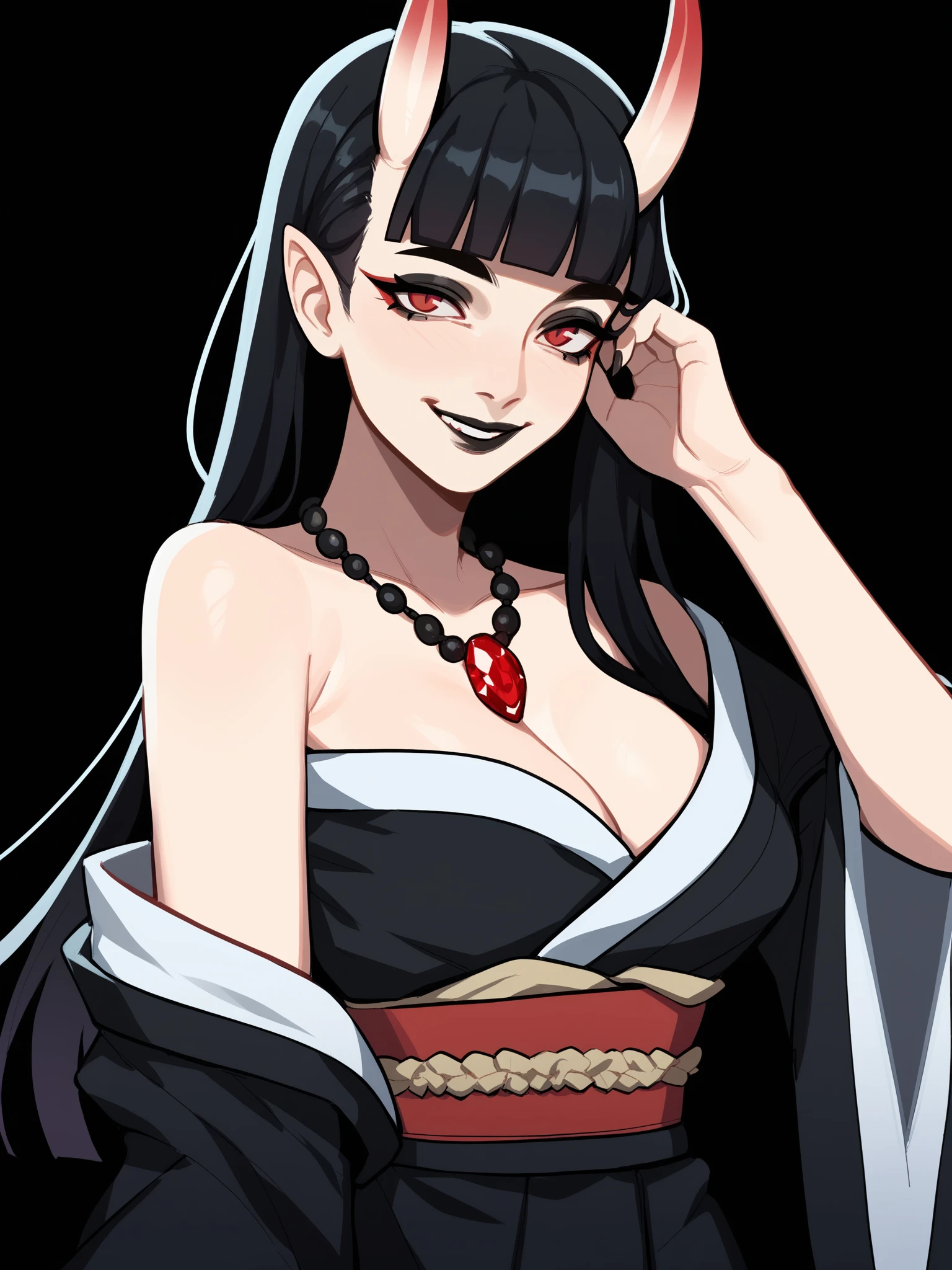 score_9, score_8_up, score_7_up, score_6_up, score_5_up, score_4_up,
BREAK
1girl, black hair, long hair, straight hair, blunt bangs, hime cut, gem necklace, red gem, red eyes, black eyeshadow, black lips, oni horns, adjusting hair, asymmetrical hair, seductive smile,
BREAK
solo, cowboy shot, black kimono, japanese clothes, off shoulder, medium breasts, cleavage,
BREAK
black background, <lora:Lunas-Porqueloin-SDXL-A1:1>