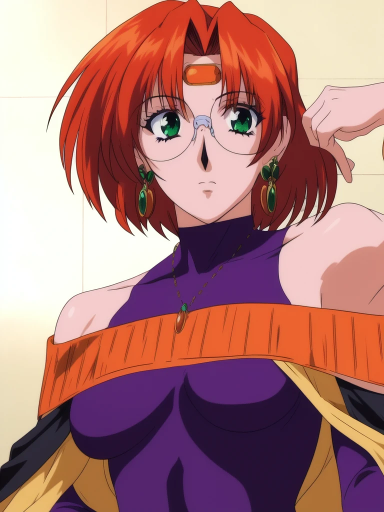 <lora:Aila:1>, Aila, 1girl, soro, glasses, jewelry, earrings, short hair, red hair, green eyes, orange hair, ponytail, breasts, circlet, bare shoulders, 1990s (style), upper body
masterpiece, high quality, very_high_resolution, large_filesize, full color,