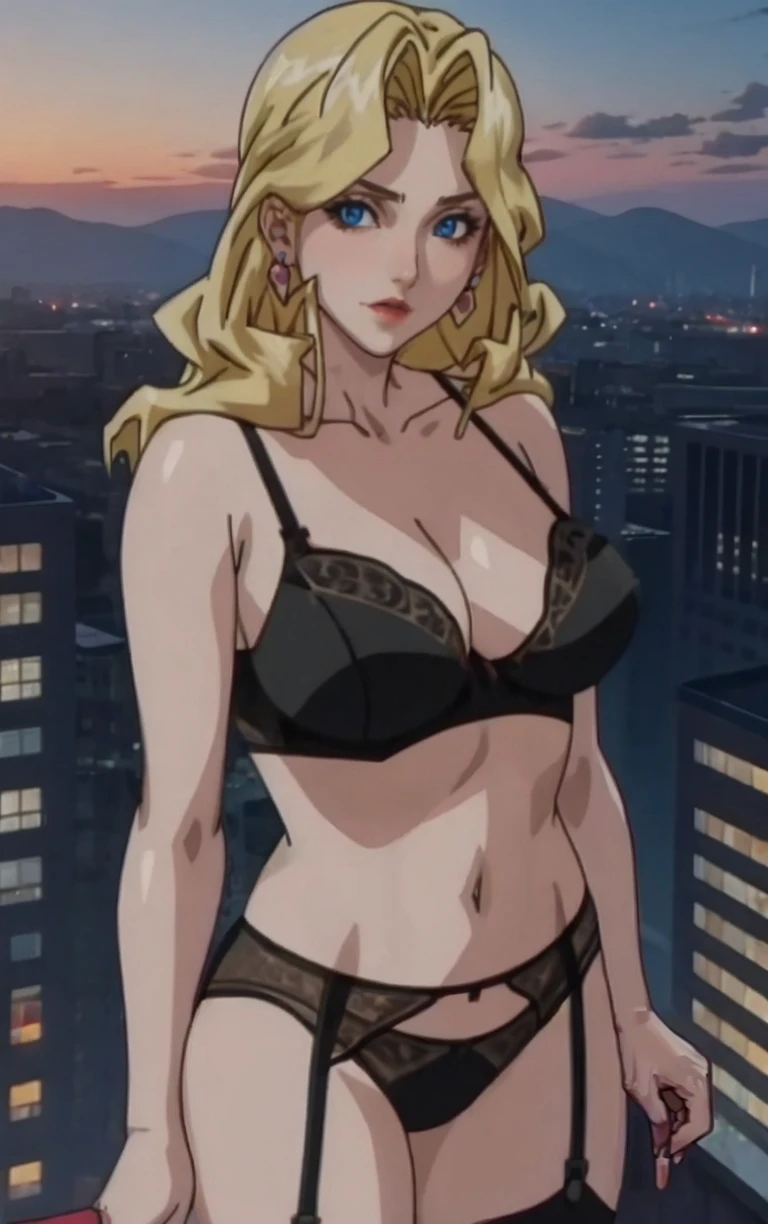 BlackLingeri_AliceNonoyama_ownwaifu,
1girl, blonde hair, long hair, blue eyes, lips, mature female, breasts, large breasts, cleavage, navel, lipstick, makeup, earrings, jewelry, red nails, nail polish, 
lingerie, black bra, black panties, garter belt, underwear, black thighhighs, thighhighs, bra, panties, garter straps, cameltoe, bare shoulders,
<lora:FAP_CHR_Lingeries_AliceNonoyama_ownwaifu:0.9>,
((masterpiece)),((best quality)),((anime screencap)),  original, official_art, chromatic_aberration, bokeh, depth_of_field, skyline, scenery, cloudy_sky, sunset, outdoors, day, looking at viewer, solo, cowboy shot,