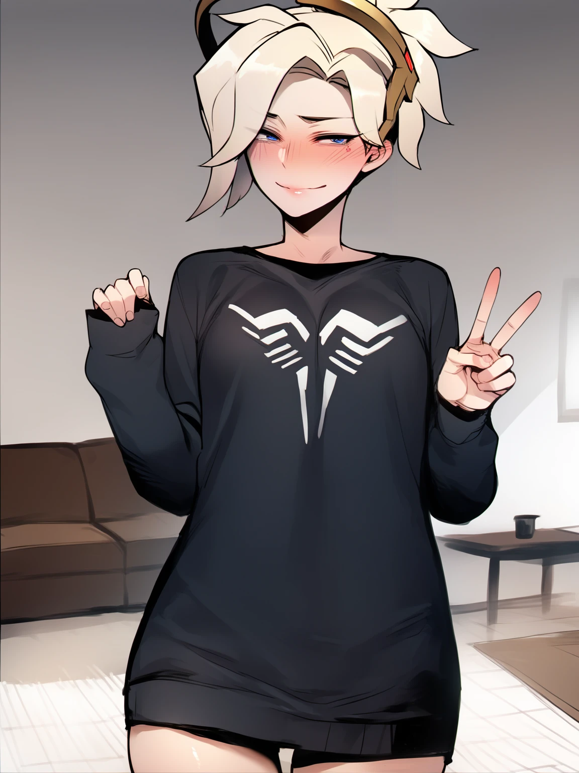 score_9, score_8_up, score_7_up, score_6_up, score_5_up, score_4_up, BREAK, source_anime, 1girl, solo, mercy \(overwatch\) standing in a living room, cowboy shot, blush, smug, black sweater, no pants, living room, v sign, indoors <lora:Ratatatat74XLLocon:1>