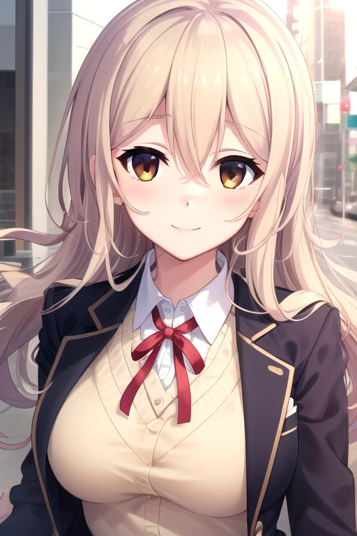 ((masterpiece)),(best quality),official art,extremely detailed CG,unity 8k wallpaper,ultra detailed,beautiful detailed eyes,extremely detailed face,outdoors,1girl,solo,upper body,(portrait:1.5),looking at viewer,facing viewer,smile,Enjou Minamo,long hair,long wavy blond hair,hair intakes,floating hair,hair between eyes,brown eyes,school uniform,blazer,blue jacket,wing collar,yellow sweater ,collared shirt,white shirt,neck ribbon,red ribbon,long sleeves,large breasts,miniskirt,green skirt,plaid skirt,pleated skirt,white socks,loafers,<lora:Enjou Minamo(ls):0.8>,