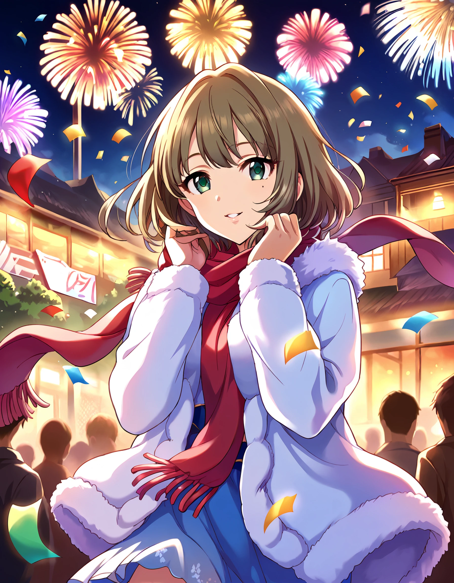 score_9, score_8_up, score_7_up, source_anime,
 <lora:TakagakiKaede_pony_v1:0.8>
pinup of 1girl, solo, smile, parted lips, outdoors, night,night sky, confetti, aerial fireworks, hanabi, crowd, people, solo focus, 
idolked, short hair, brown hair, bangs,green eyes,mole under eye, medium breasts,
winter clothes,  winter coat,long sleeves, fur trim, fringe trim, red scarf,