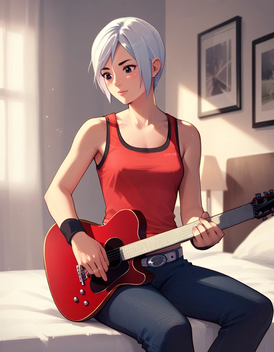 <lora:ashley-ac-ponyxl-000060:1> ashley mizuki robbins, tank top, red shirt, midriff peek, jeans, white belt, wristband,
sitting, guitar, bedroom, score_9, score_8_up, score_7_up, score_6_up, score_5_up, score_4_up