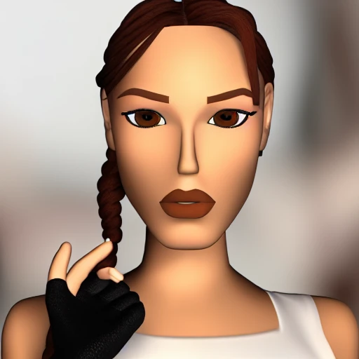 <lora:Vintage_Lara_Croft:1> 1 girl, solo, brown hair, braid, single braid, (brown eyes(, wearing tank top, lips, looking at the viewer, close up ((portrait)), focus on face, blurred background, river, fingerless gloves